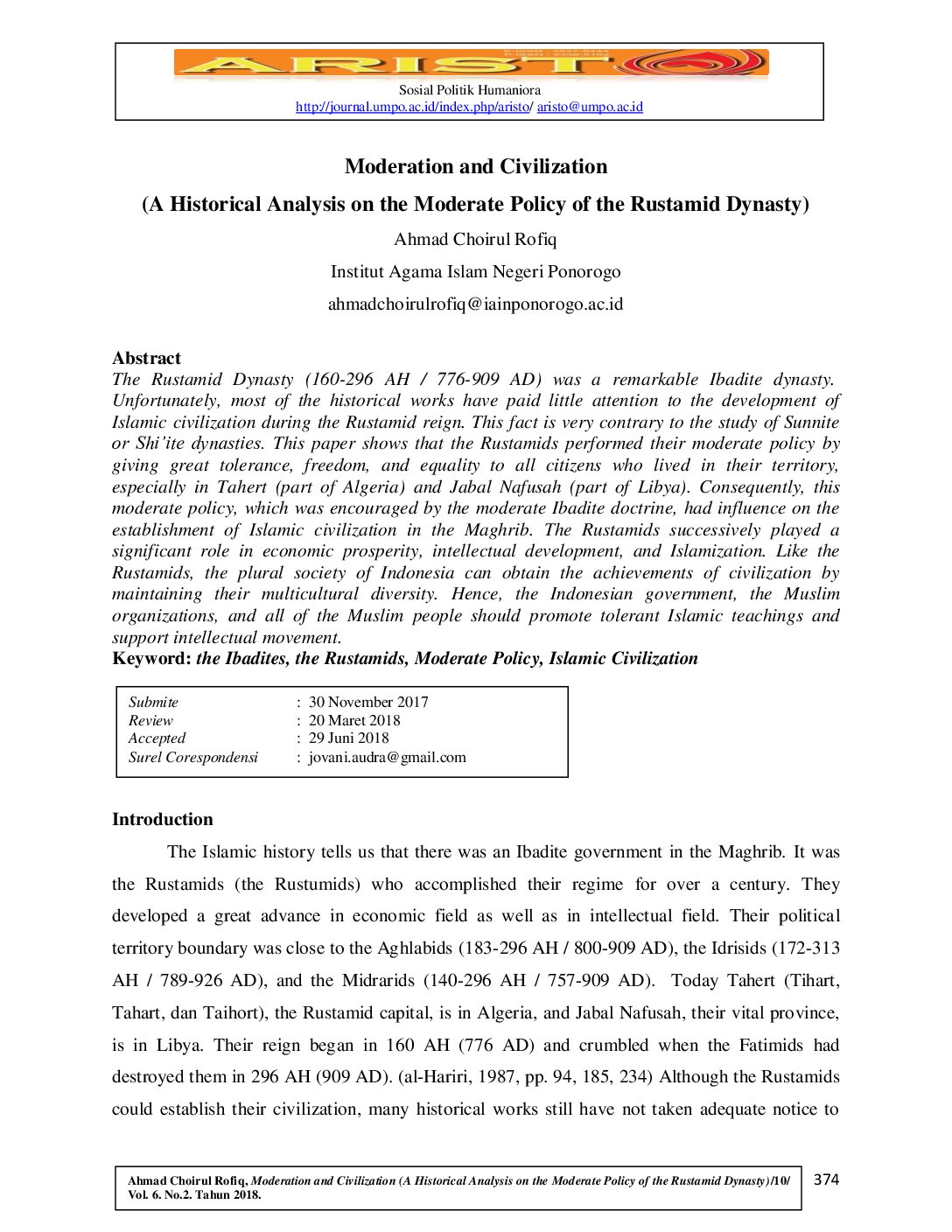 2018 Moderation and Civilization (A Historical Analysis on the Moderate Policy of the Rustamid Dynasty)