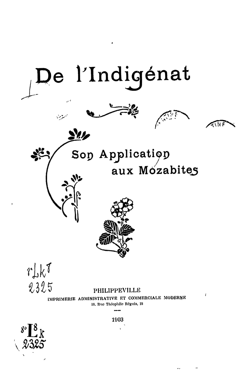 De l'Indigénat (page de garde)