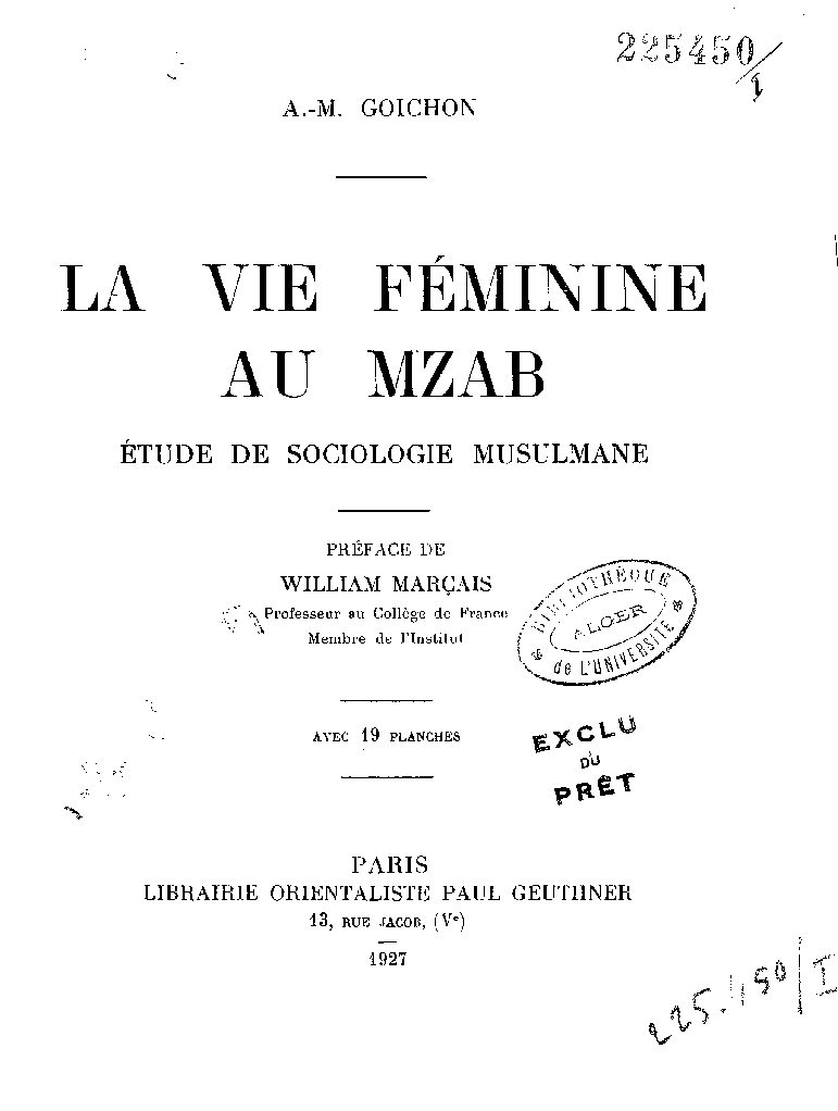 La Vie Feminine Au Mzab Tome 01 1927