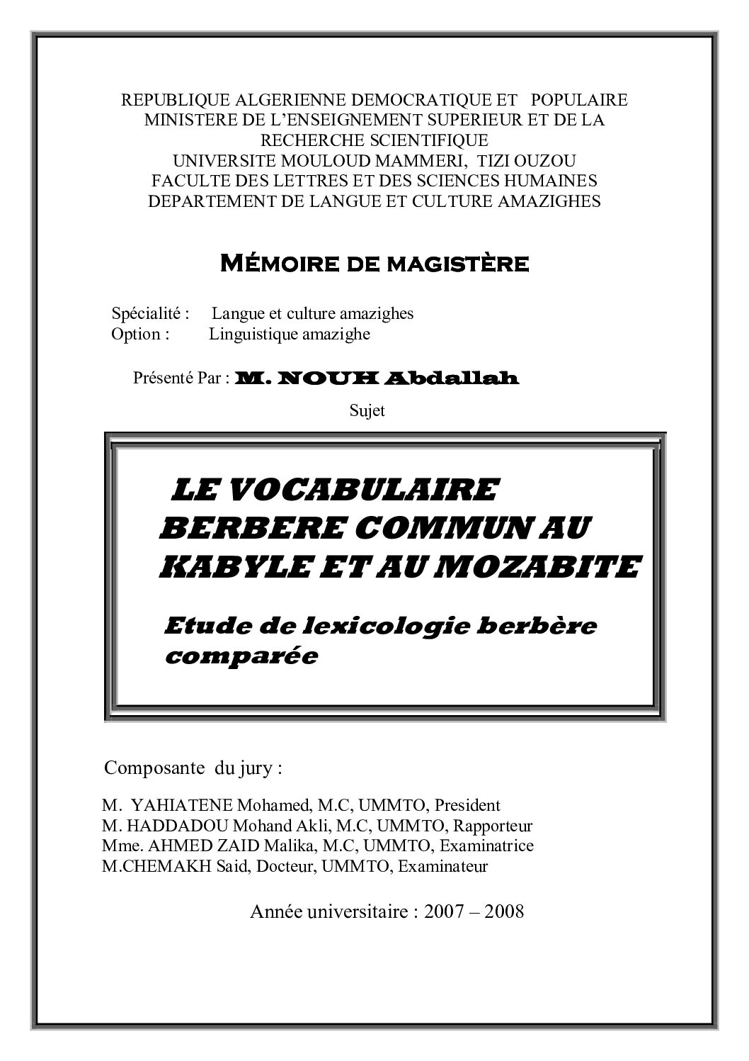 Le vocabulaire berbère commun au Kabyle et au Mozabite