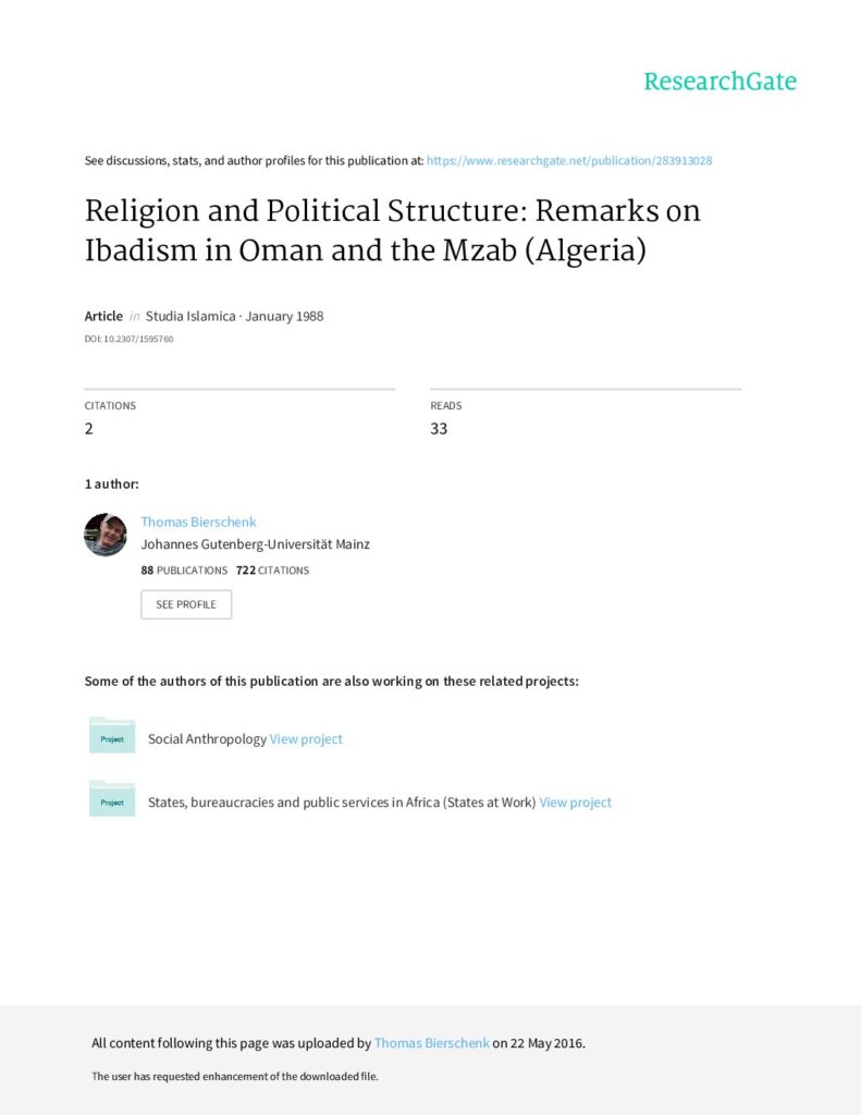 Religion and Political Structure. Remarks on Ibadism in Oman and the Mzab